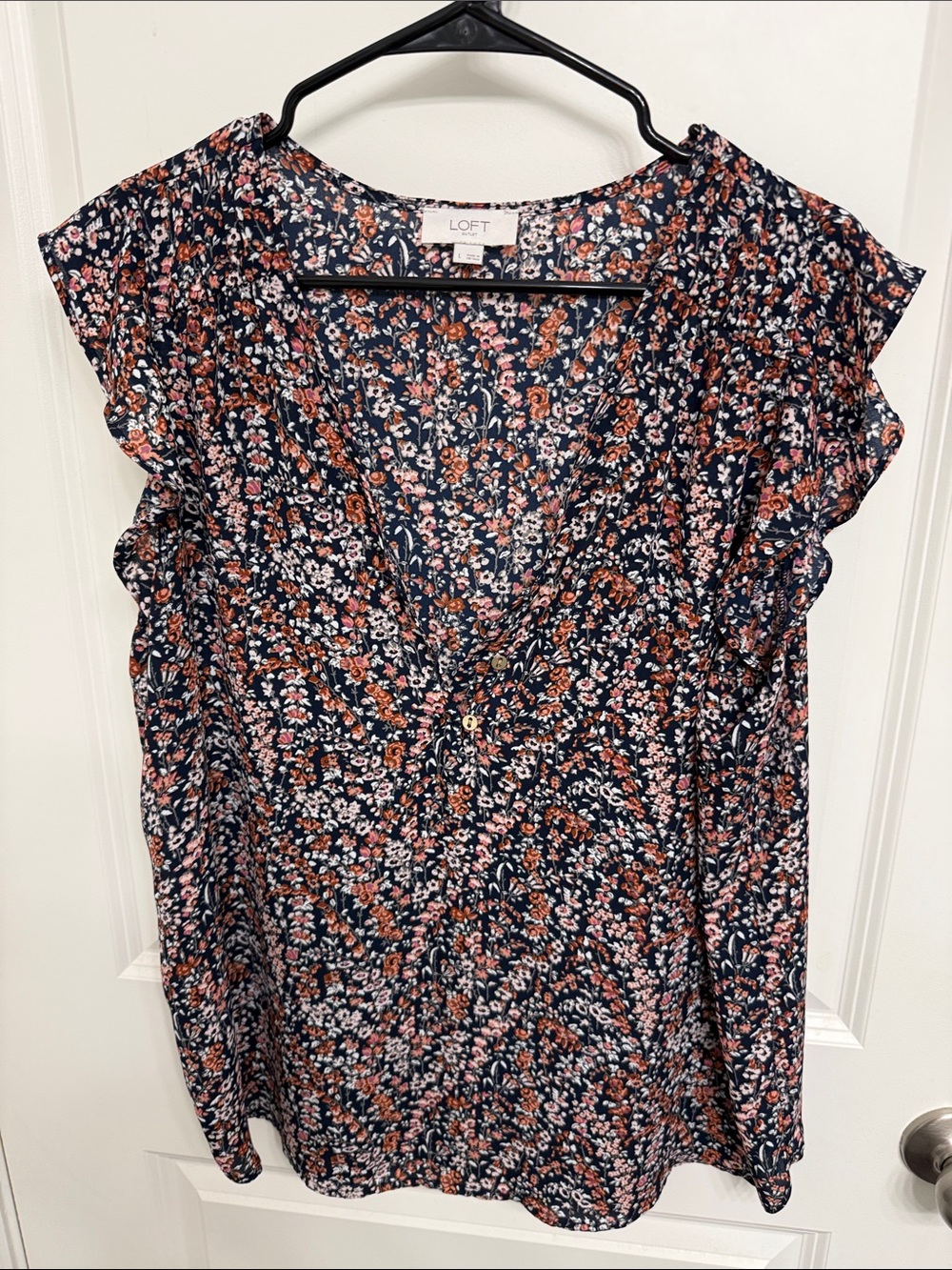 LOFT Navy Floral V-Neck Ruffle Sleeve Blouse